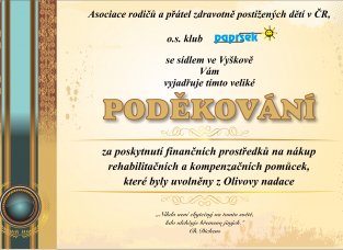 Poděkování Olivově nadaci